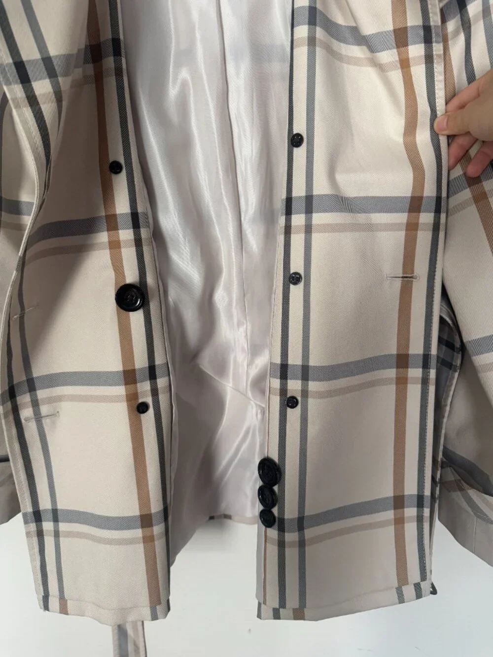 Coach New York tattersall beige plaid trench coat work business light academia